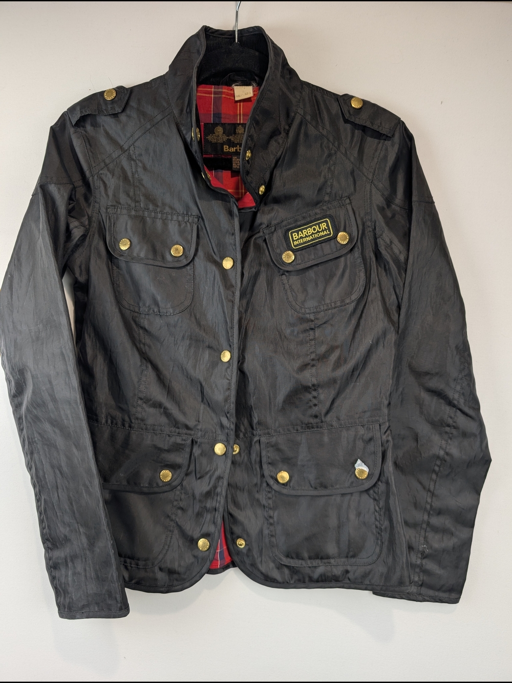 Barbour Black Nylon Field Jacket with Red Tartan Lining Size 4